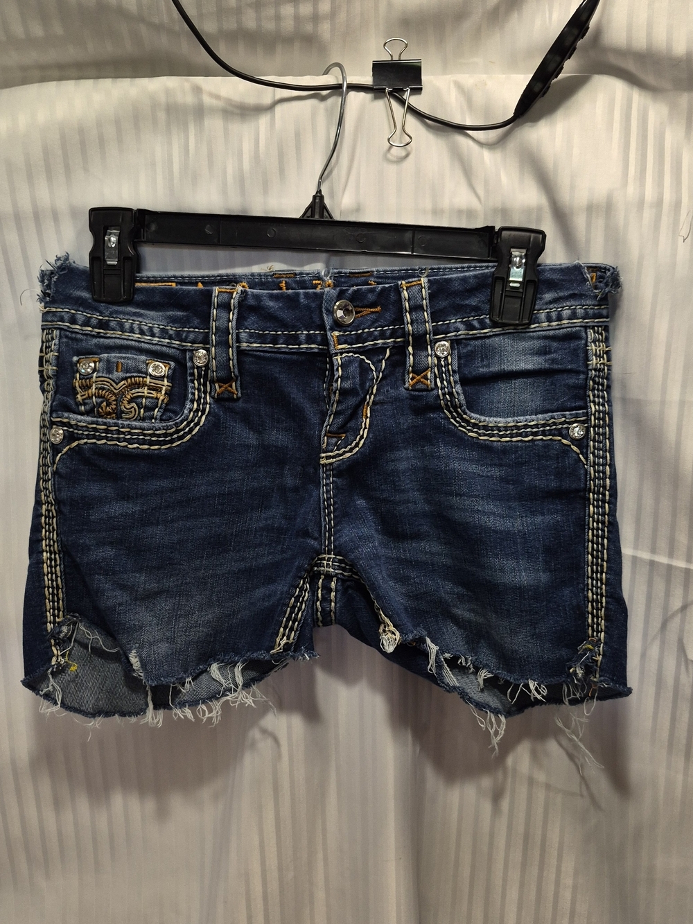 Rock Revival Size 25 Embellished Dark Blue Denim Jean Shorts with Frayed Hem